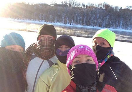MOTRs running in the snow for winter polar club close-up