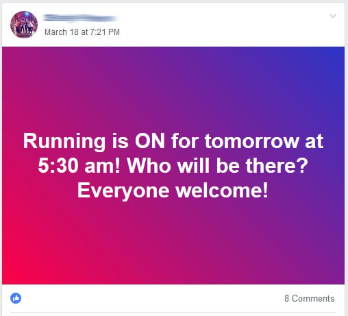 Facebook post stating running is on tomorrow at 5:30am