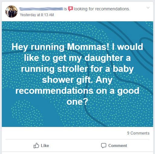 Screen shot of facebook posting asking for baby stroller recommendations