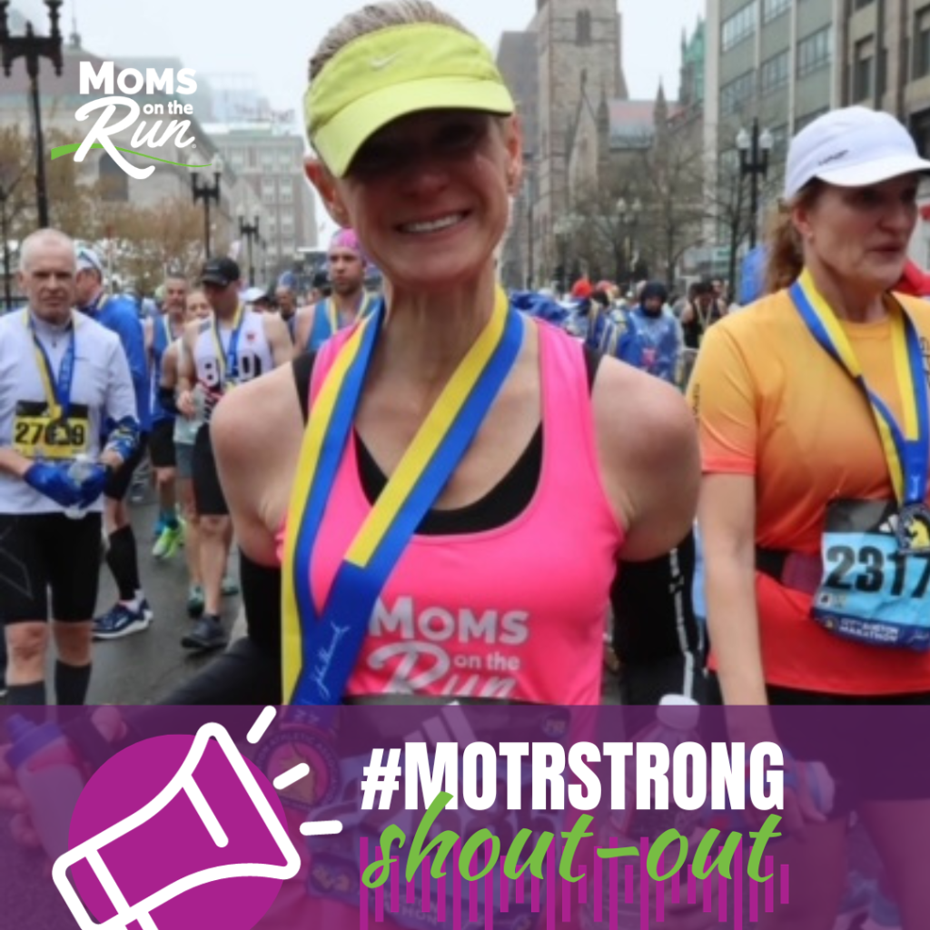 Moms on the Run member at finish line of Boston Marathon