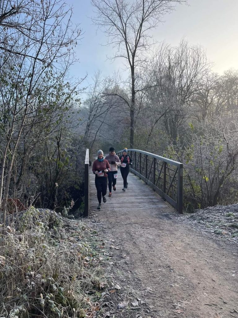 Three MOTRs running across a bridge in the winter