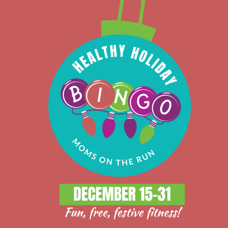 orange background with teal ornament featuring words Healthy Holiday Bingo in lights