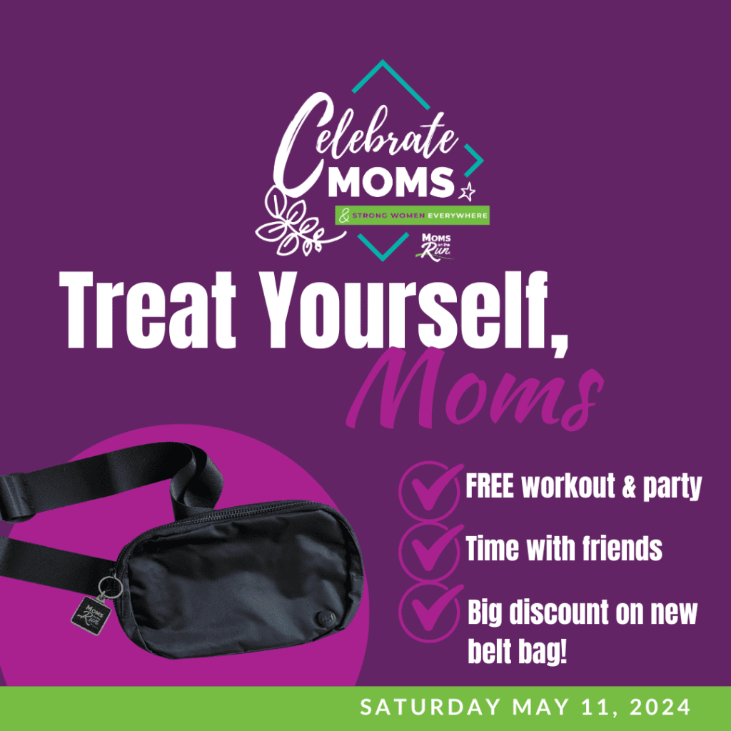 Purple background with white text that reads Treat Yourself, Moms. Black cross body bag in fuchsia circle and text on right with free workout and party