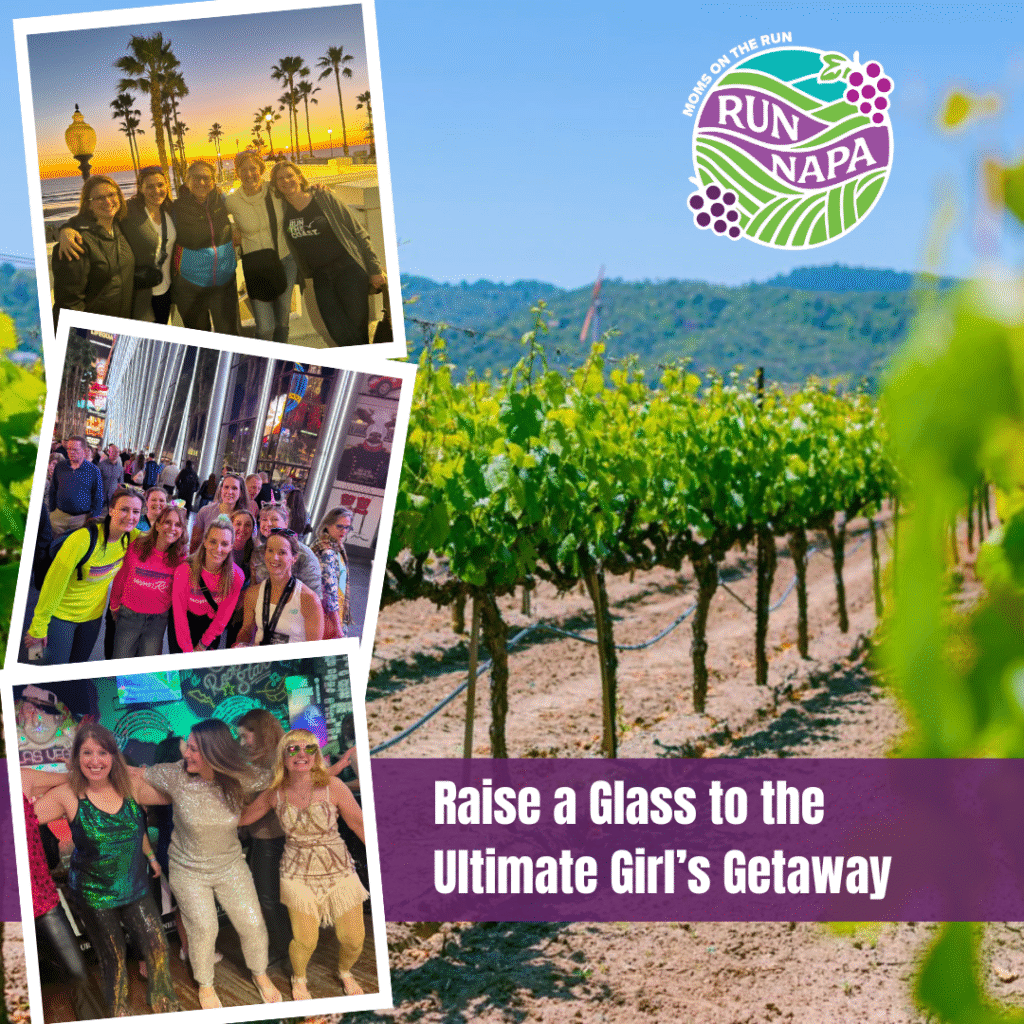 vineyard background with collage photos on left of women dancing, running, and huddling with palm trees