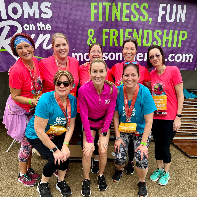 Colorful shirts on runners at end of race