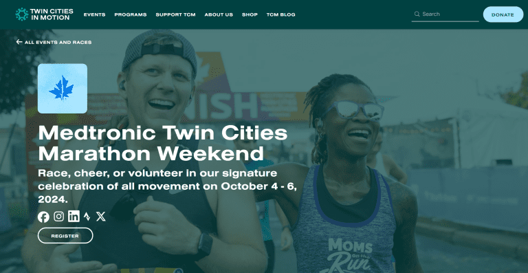 Twin Cities Marathon Homepage featuring MOTR member Catherine Breiwick from Coon Rapids