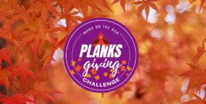 Fall colored leaves in background with purple Planksgiving logo
