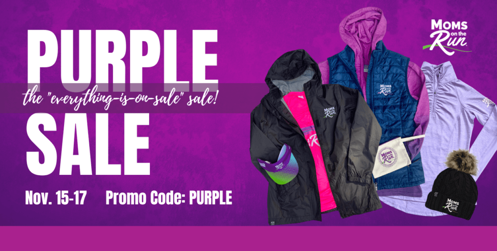 White text on purple background with Purple Sale, the everything is on sale sale.