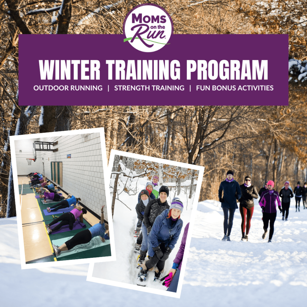 women running in snow with smaller photos of stretching indoor gym