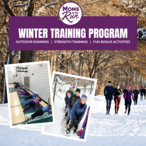 women running in snow with smaller photos of stretching indoor gym