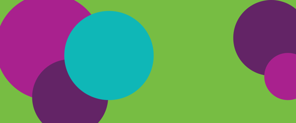 green background with purple and teal circles