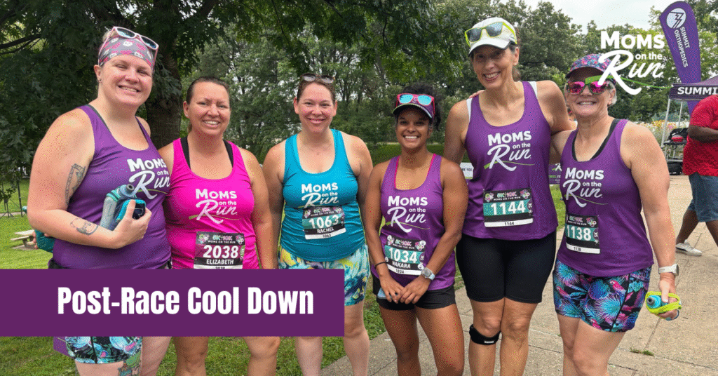 Female runners with race bibs and colorful shirts