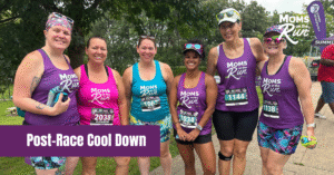 Female runners with race bibs and colorful shirts