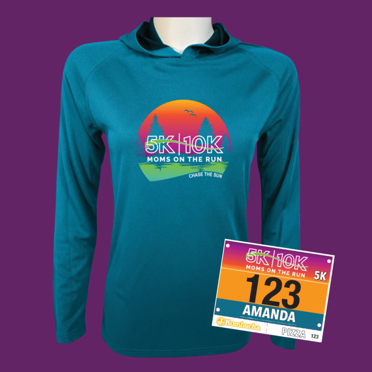 2025 turquoise performance hoodie with sunset logo for Moms on the Run 5K/10K