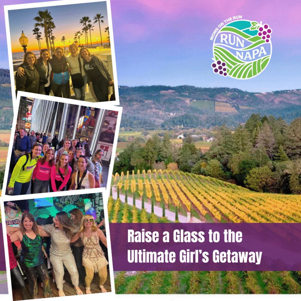 vineyard background with collage of women hugging, dancing on trip