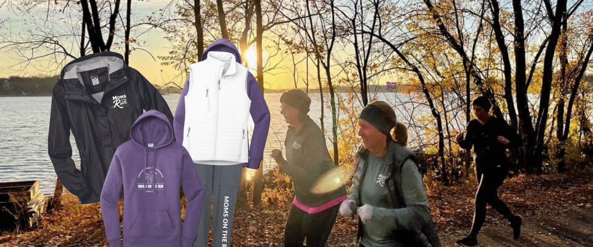 women running with fall background and clothing layers in corner