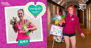 two photos of woman with award and bouquet