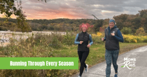 fall background with two runners on trail