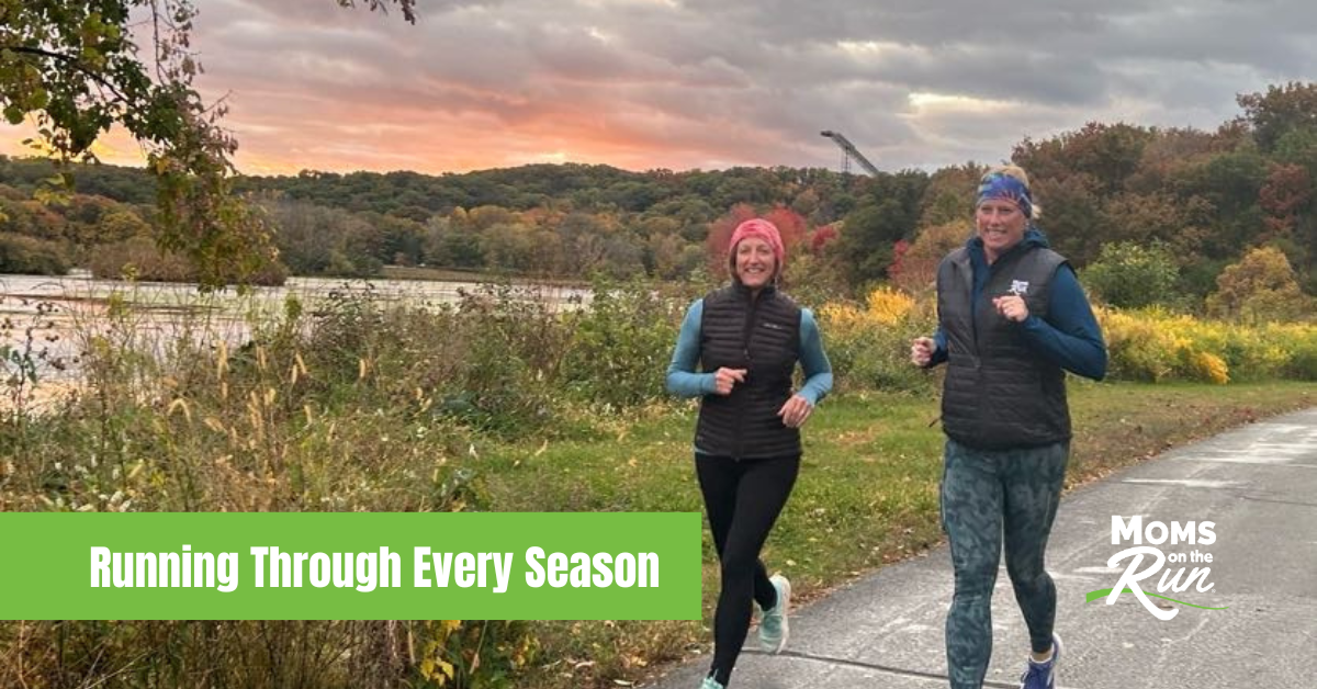fall background with two runners on trail