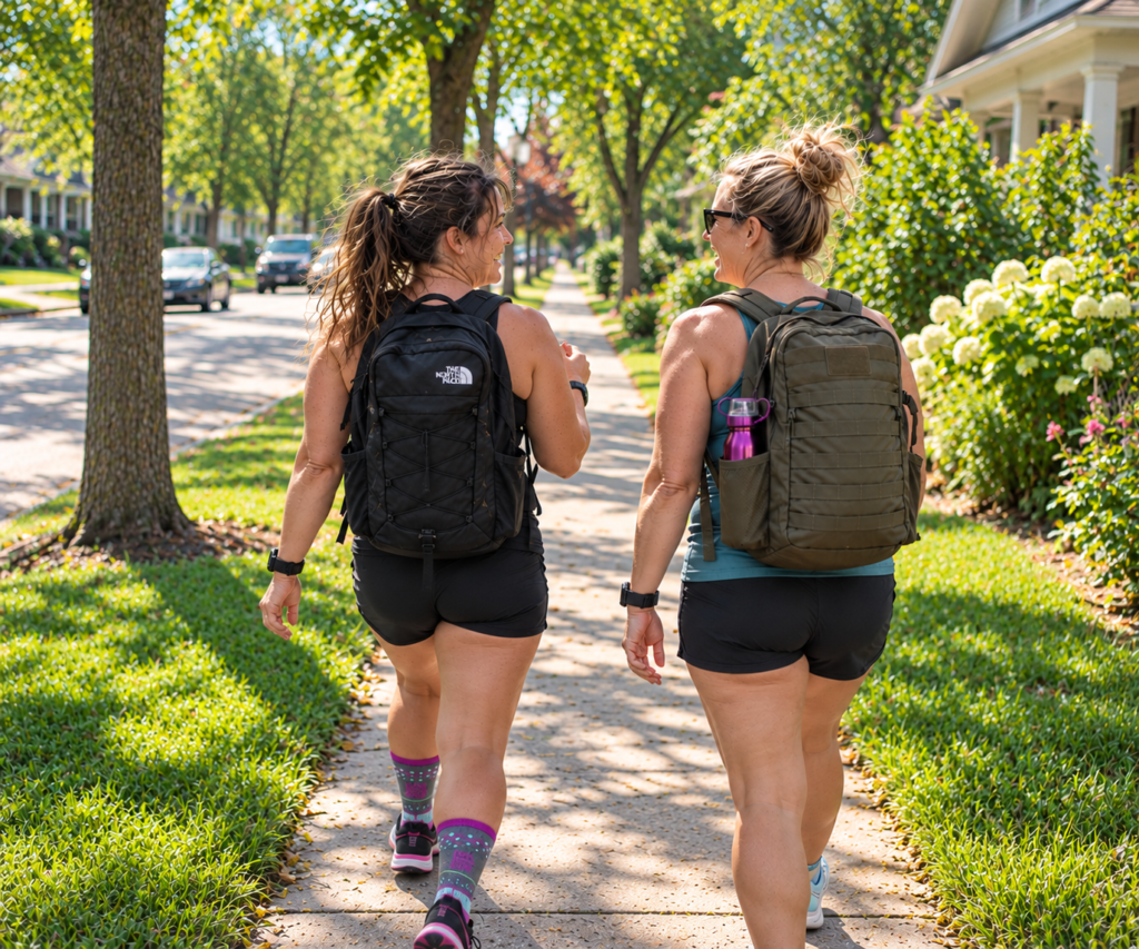 Two women wearing backpacks rucking as an alternative walk workout