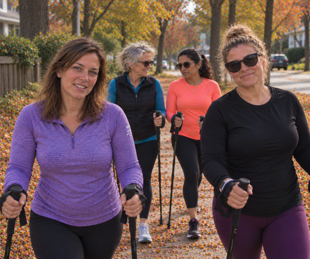 4 women doing a walk workout with poles